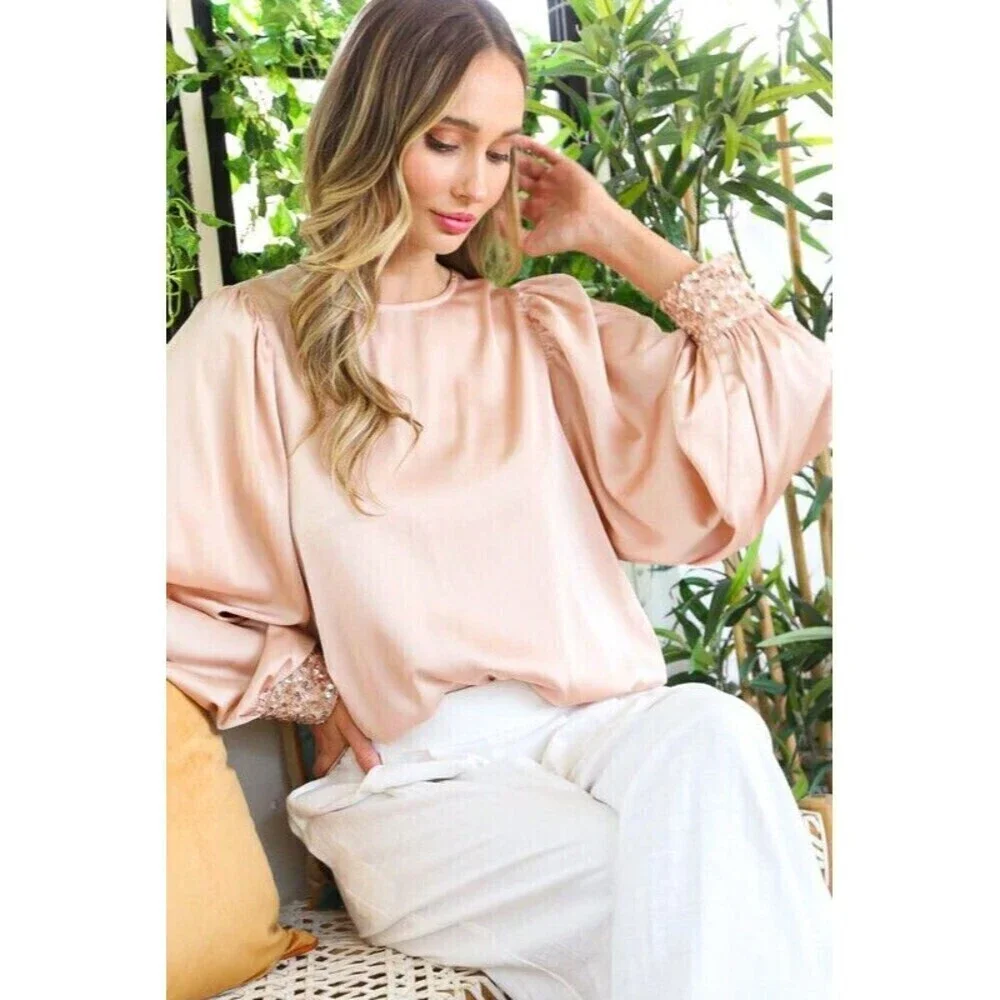 Sequin Cuff Detail Satin Blouse Top - Picture 4 of 5